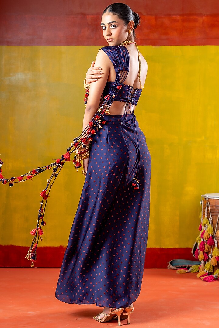 Blue & Red Satin Organza Draped Skirt Party Wear Saree Set by Baise Gaba at Pernia's Pop Up Shop