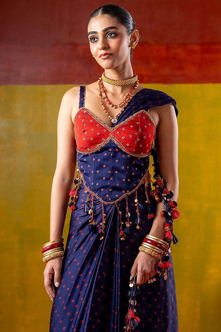 Blue & Red Satin Organza Draped Skirt Party Wear Saree Set by Baise Gaba at Pernia's Pop Up Shop