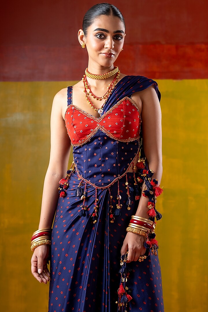 Blue & Red Satin Organza Draped Skirt Party Wear Saree Set by Baise Gaba at Pernia's Pop Up Shop