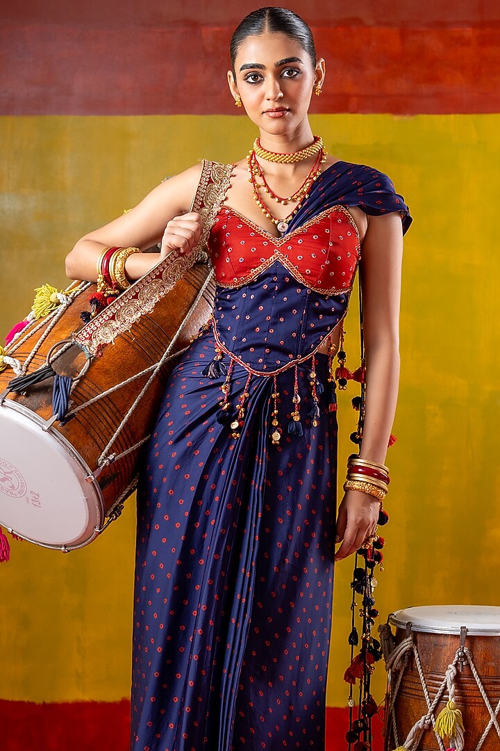 Blue & Red Satin Organza Draped Skirt Party Wear Saree Set by Baise Gaba at Pernia's Pop Up Shop