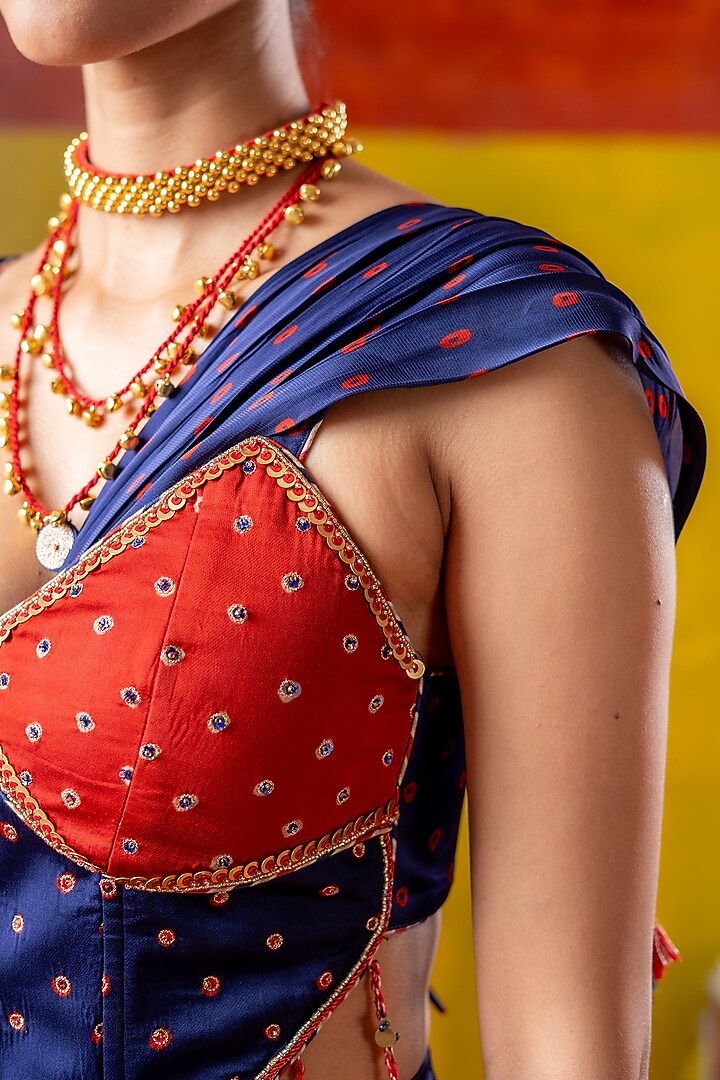 Blue & Red Satin Organza Draped Skirt Party Wear Saree Set by Baise Gaba at Pernia's Pop Up Shop