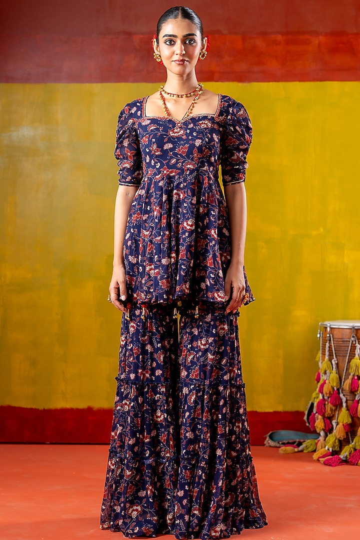 Blue Chiffon Embroidered Gharara Set by Baise Gaba at Pernia's Pop Up Shop