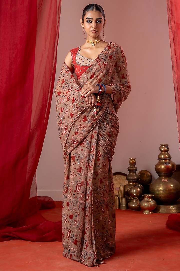 Red & Beige Chiffon Floral Printed Festive Saree Set by Baise Gaba at Pernia's Pop Up Shop