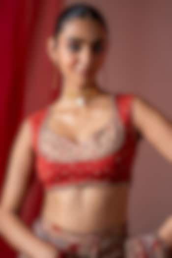 Red & Beige Muslin Embroidered Blouse by Baise Gaba at Pernia's Pop Up Shop