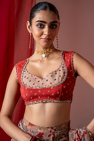 Red & Beige Muslin Embroidered Blouse by Baise Gaba