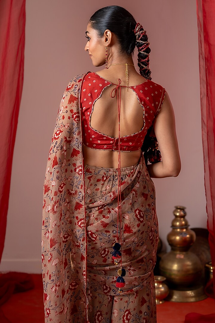 Red & Beige Muslin Embroidered Blouse by Baise Gaba at Pernia's Pop Up Shop
