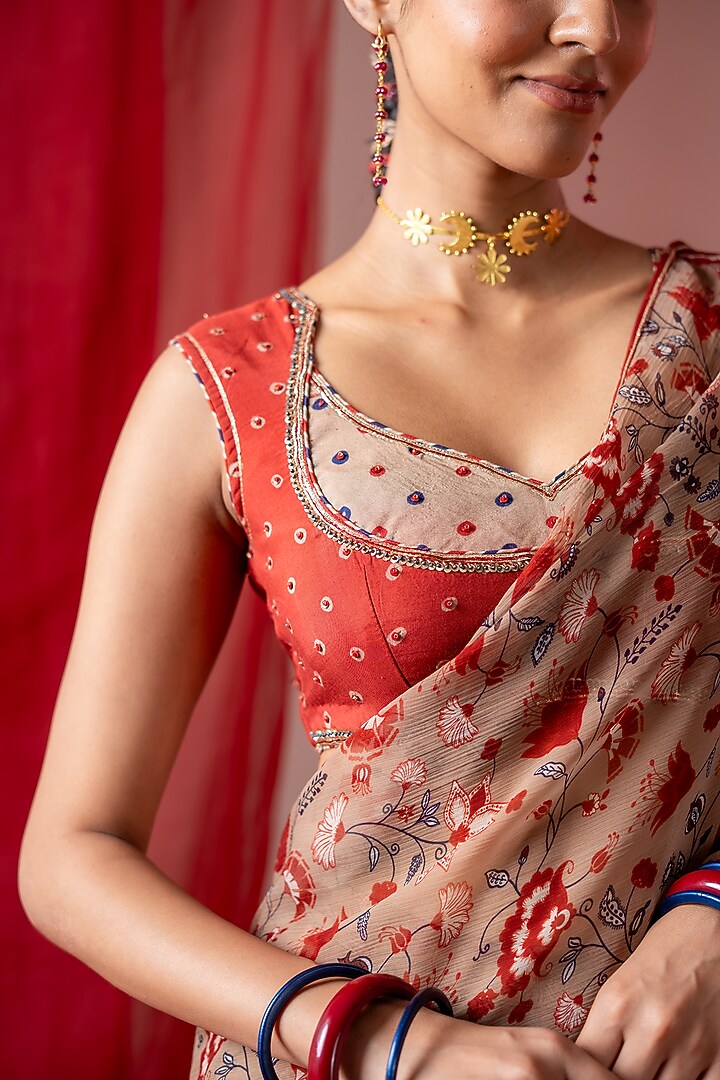 Red & Beige Muslin Embroidered Blouse by Baise Gaba at Pernia's Pop Up Shop