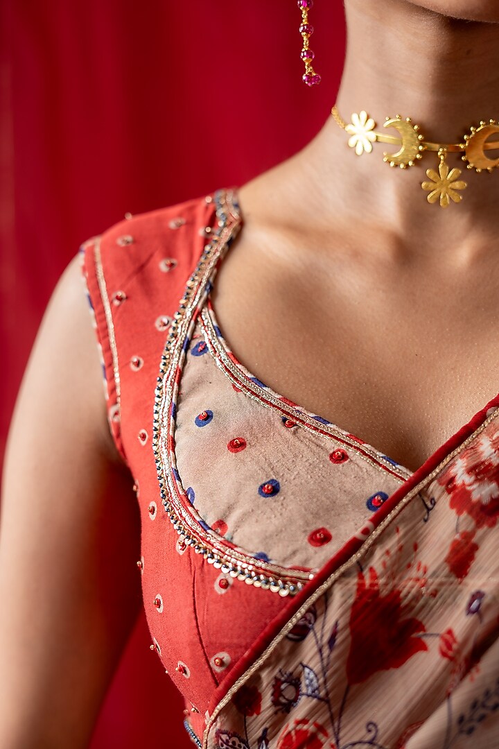 Red & Beige Muslin Embroidered Blouse by Baise Gaba at Pernia's Pop Up Shop