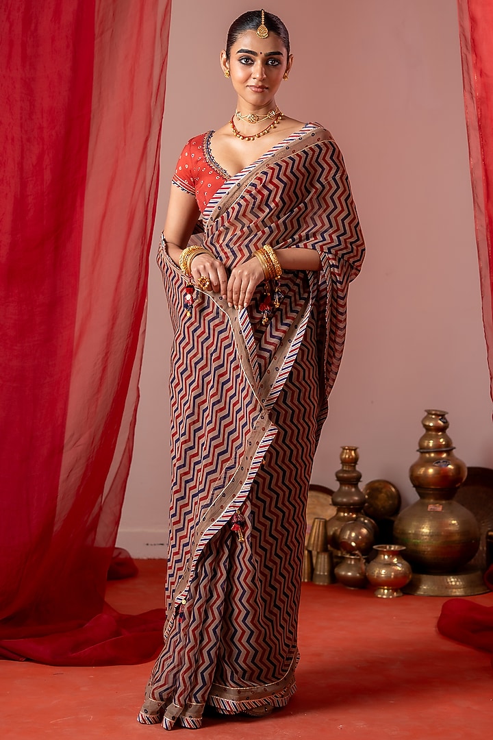 Multi-Colored Chiffon Bandhani Printed Festive Saree Set by Baise Gaba at Pernia's Pop Up Shop