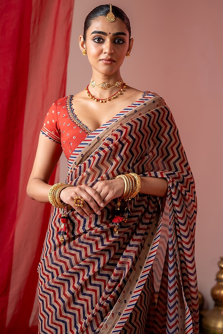 Multi-Colored Chiffon Bandhani Printed Festive Saree Set by Baise Gaba at Pernia's Pop Up Shop