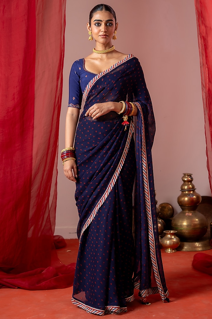 Blue Chiffon Bandhej Printed Festive Saree Set by Baise Gaba at Pernia's Pop Up Shop
