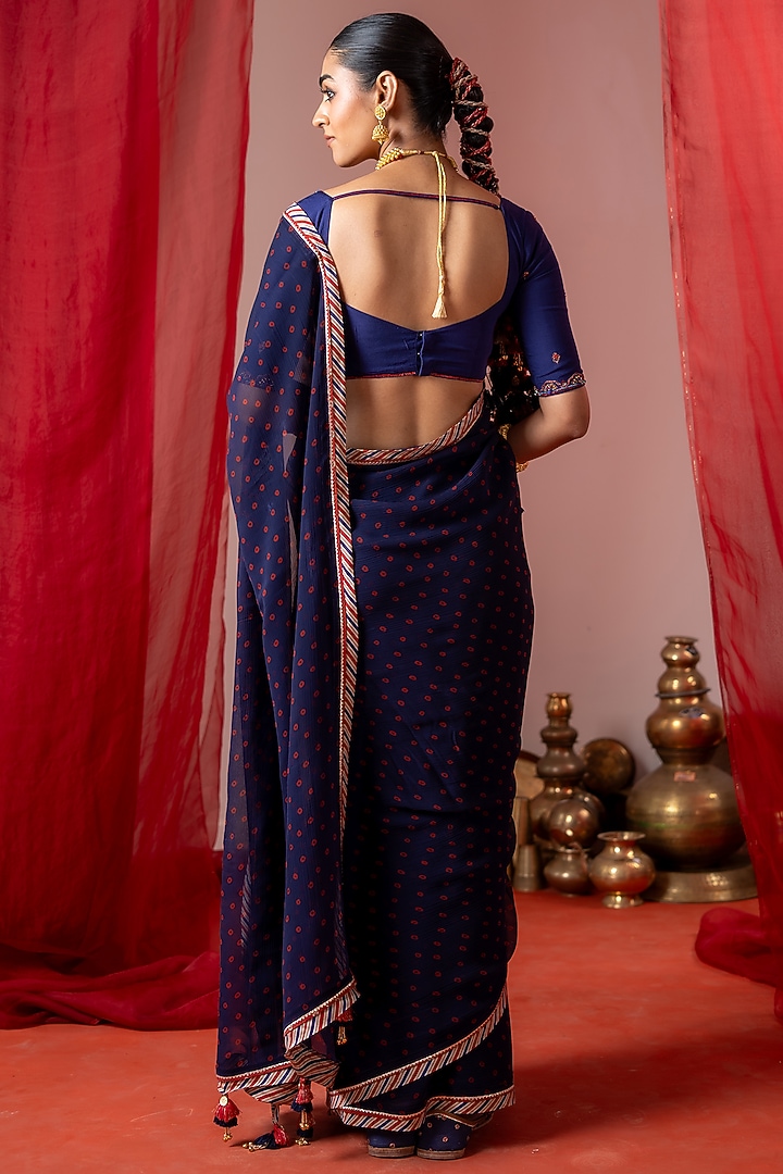 Blue Chiffon Bandhej Printed Festive Saree Set by Baise Gaba at Pernia's Pop Up Shop