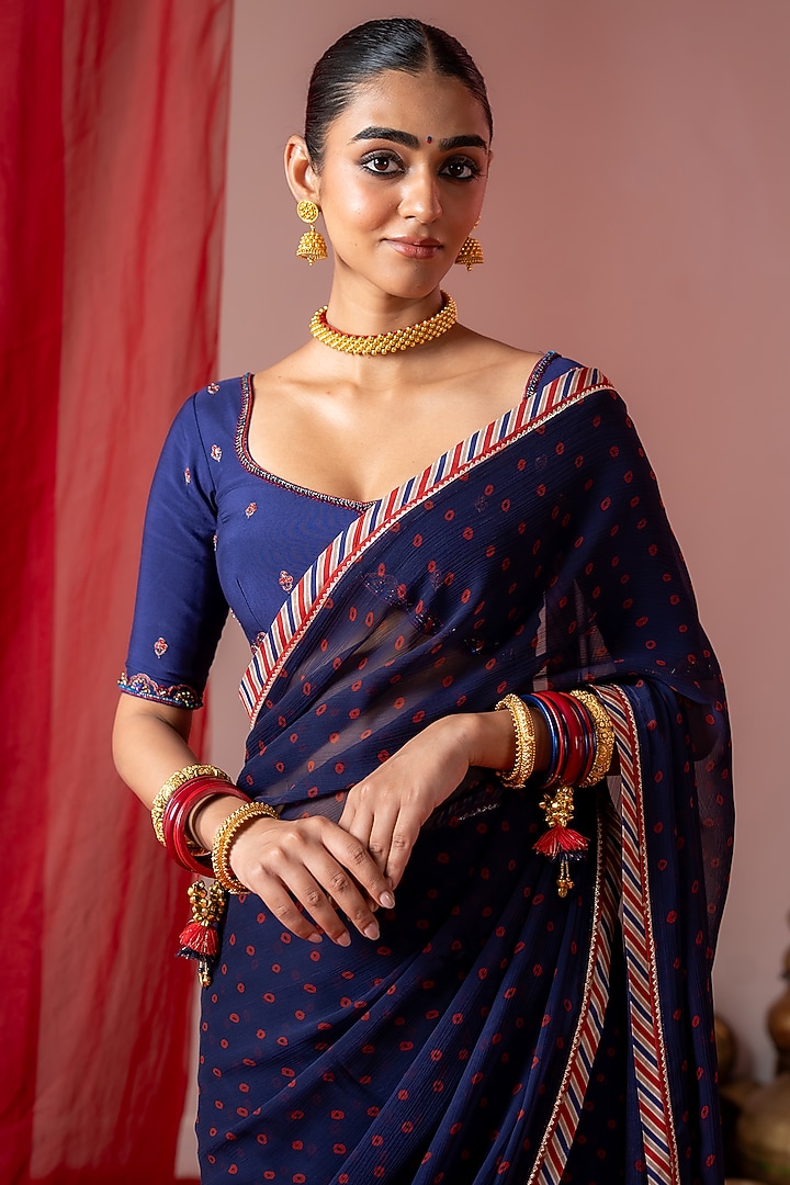 Blue Chiffon Bandhej Printed Festive Saree Set by Baise Gaba at Pernia's Pop Up Shop