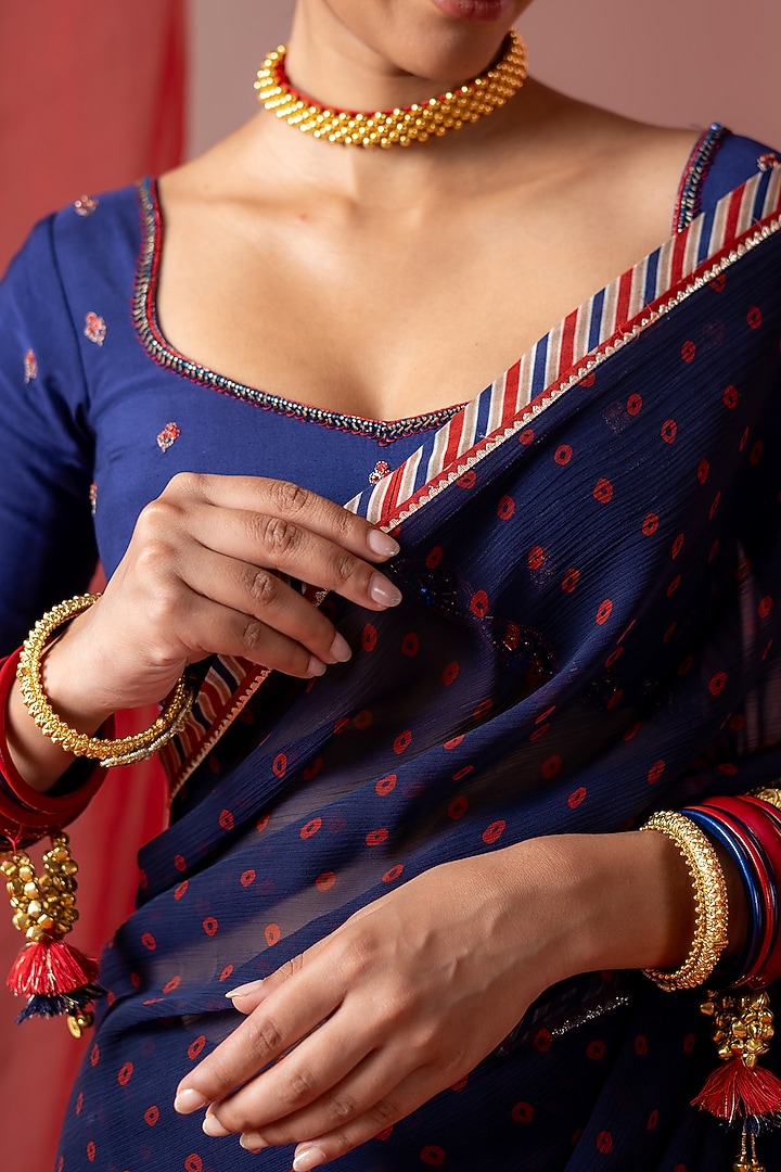 Blue Chiffon Bandhej Printed Festive Saree Set by Baise Gaba at Pernia's Pop Up Shop