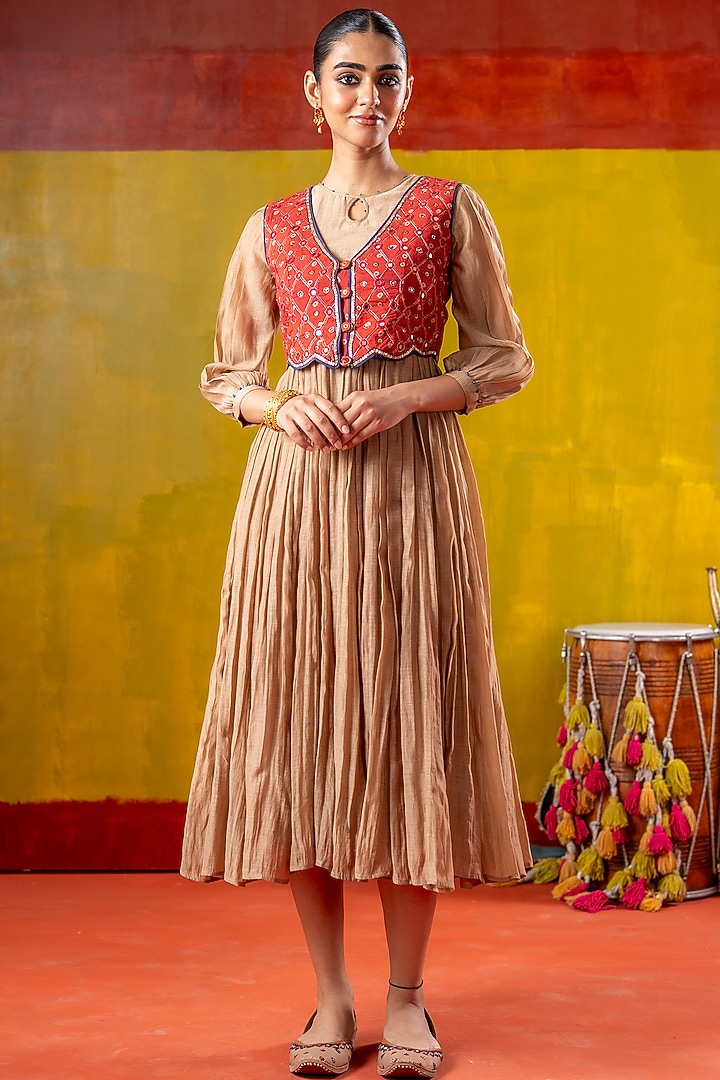 Beige & Red Chanderi Summer Dress With Koti by Baise Gaba at Pernia's Pop Up Shop