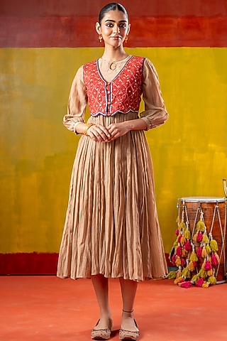 Beige & Red Chanderi Dress With Koti by Baise Gaba
