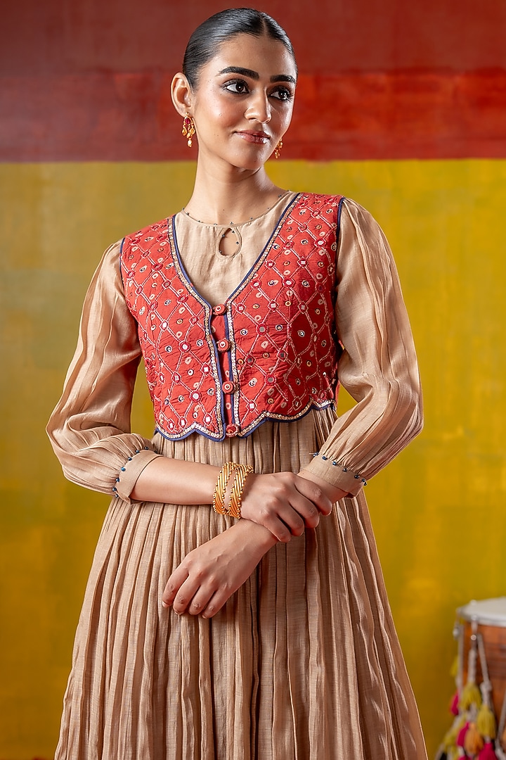 Beige & Red Chanderi Summer Dress With Koti by Baise Gaba at Pernia's Pop Up Shop