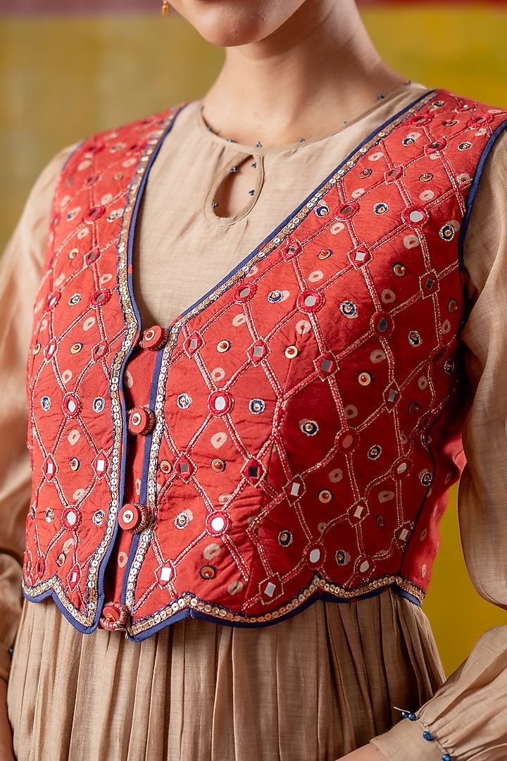 Beige & Red Chanderi Summer Dress With Koti by Baise Gaba at Pernia's Pop Up Shop