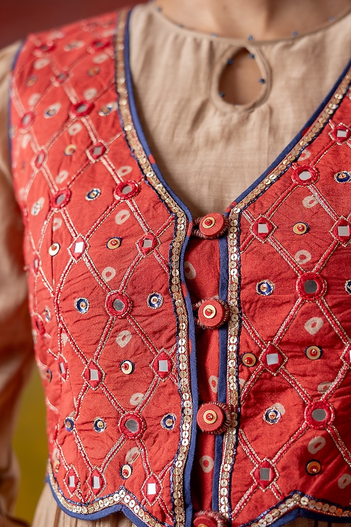 Beige & Red Chanderi Summer Dress With Koti by Baise Gaba at Pernia's Pop Up Shop