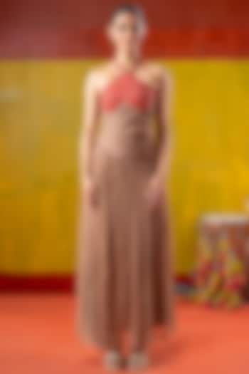 Beige & Red Chiffon Mirror Embroidered Summer Dress by Baise Gaba at Pernia's Pop Up Shop