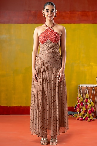 Beige & Red Chiffon Mirror Embroidered Dress by Baise Gaba