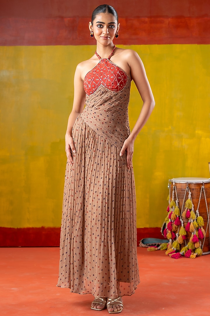 Beige & Red Chiffon Mirror Embroidered Summer Dress by Baise Gaba at Pernia's Pop Up Shop