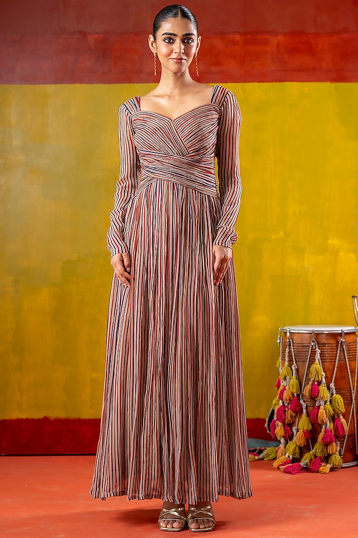 Multi-Colored Chiffon Stripe Printed Summer Dress by Baise Gaba at Pernia's Pop Up Shop
