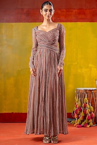 Multi-Colored Chiffon Stripe Printed Dress by Baise Gaba