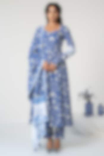 Blue Cotton Modal Mirror Embellished Anarkali Set by Baise Gaba at Pernia's Pop Up Shop