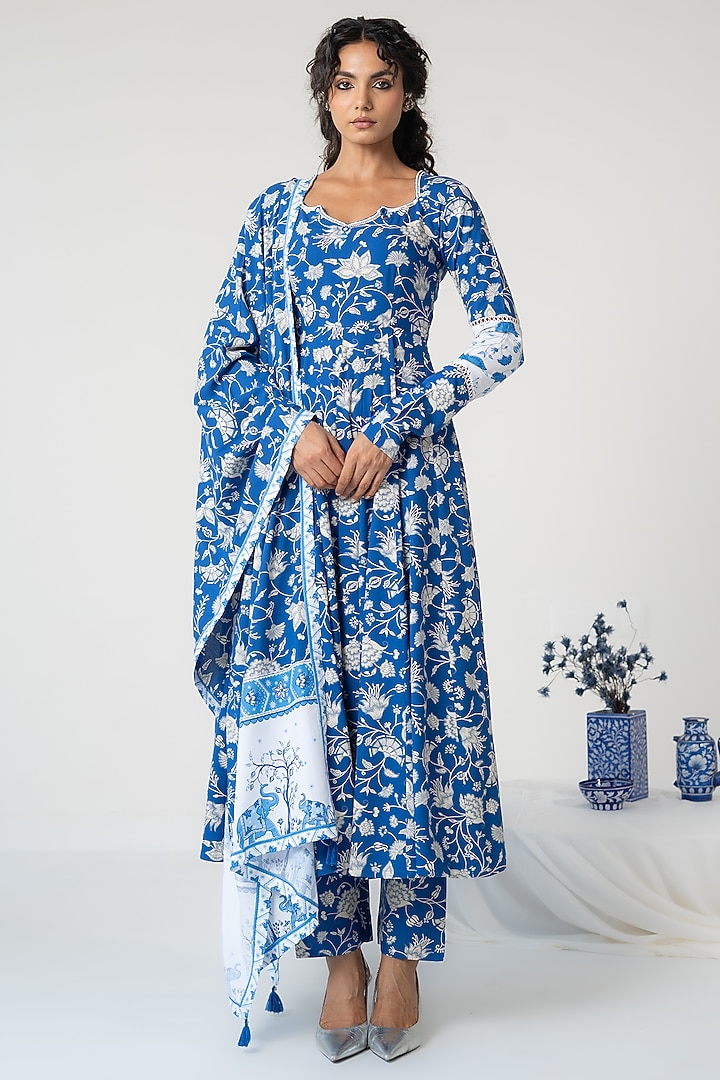 Blue Cotton Modal Mirror Embellished Anarkali Set by Baise Gaba at Pernia's Pop Up Shop