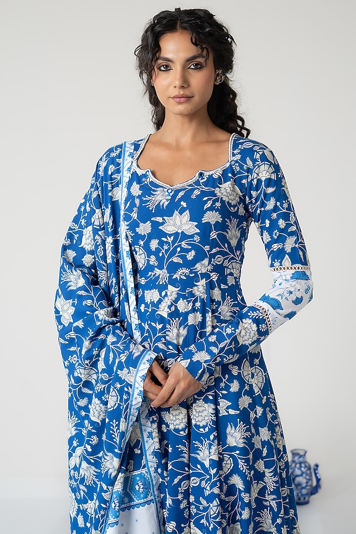 Blue Cotton Modal Mirror Embellished Anarkali Set by Baise Gaba at Pernia's Pop Up Shop
