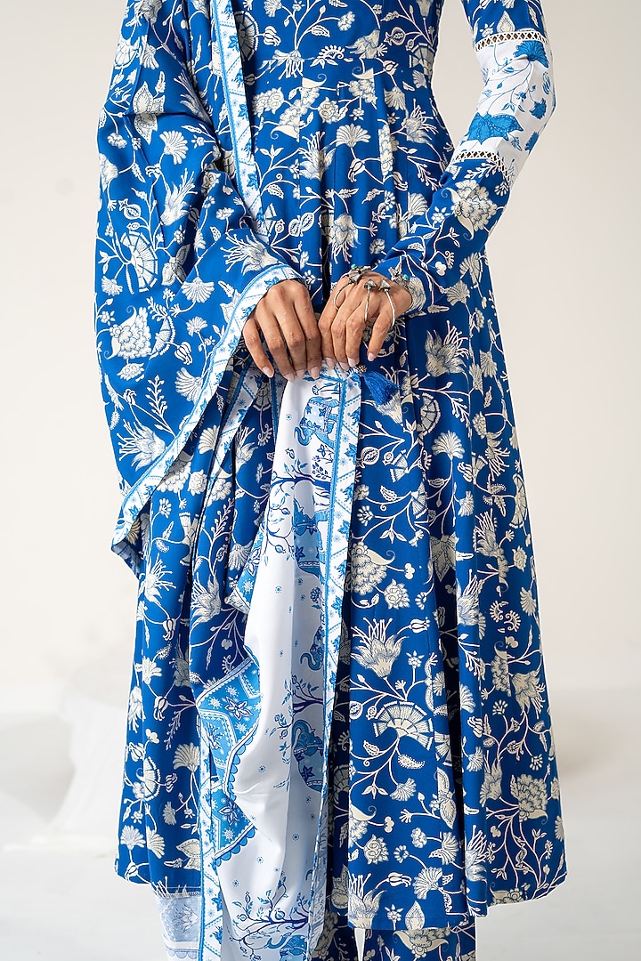 Blue Cotton Modal Mirror Embellished Anarkali Set by Baise Gaba at Pernia's Pop Up Shop