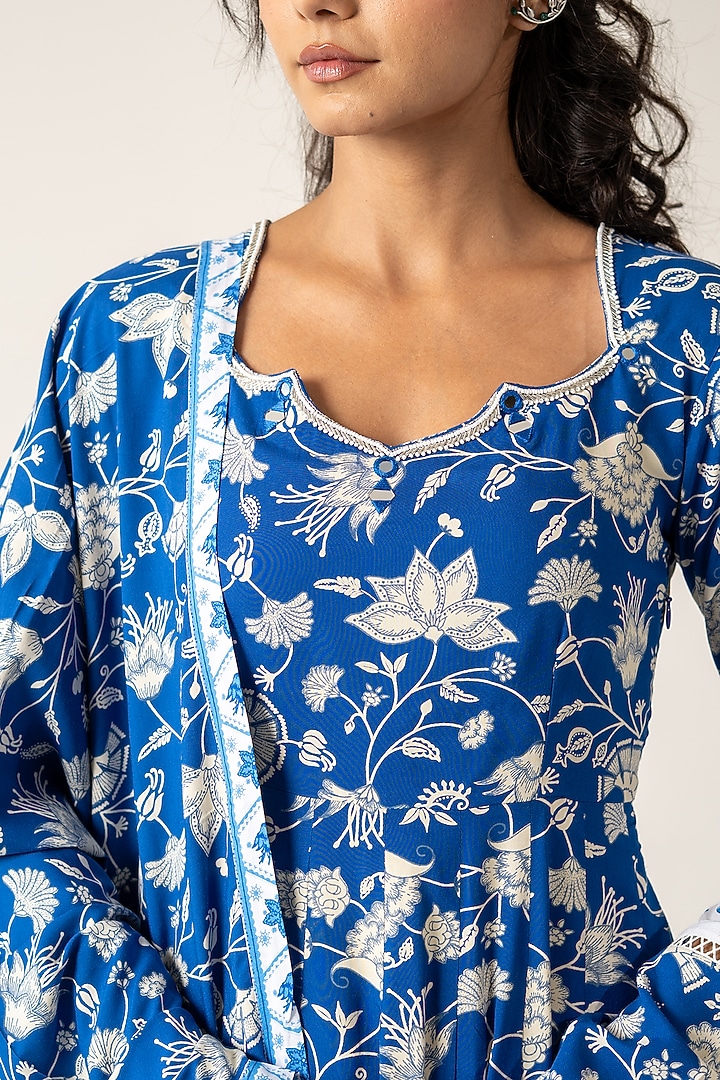 Blue Cotton Modal Mirror Embellished Anarkali Set by Baise Gaba at Pernia's Pop Up Shop
