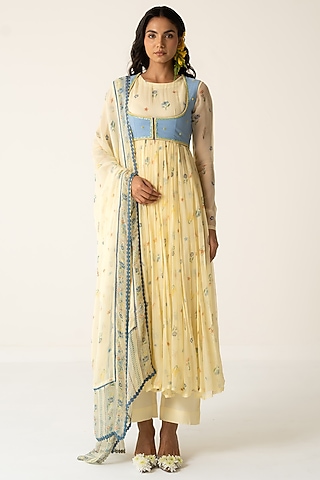 Yellow Chiffon Floral Printed Koti Anarkali Set by Baise Gaba