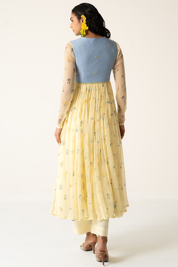 Yellow Chiffon Floral Printed Koti Party Wear Anarkali Set by Baise Gaba at Pernia's Pop Up Shop