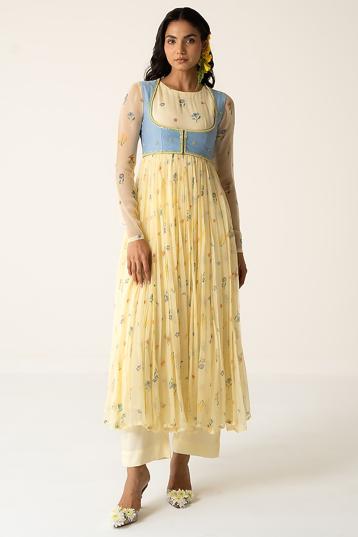 Yellow Chiffon Floral Printed Koti Party Wear Anarkali Set by Baise Gaba at Pernia's Pop Up Shop
