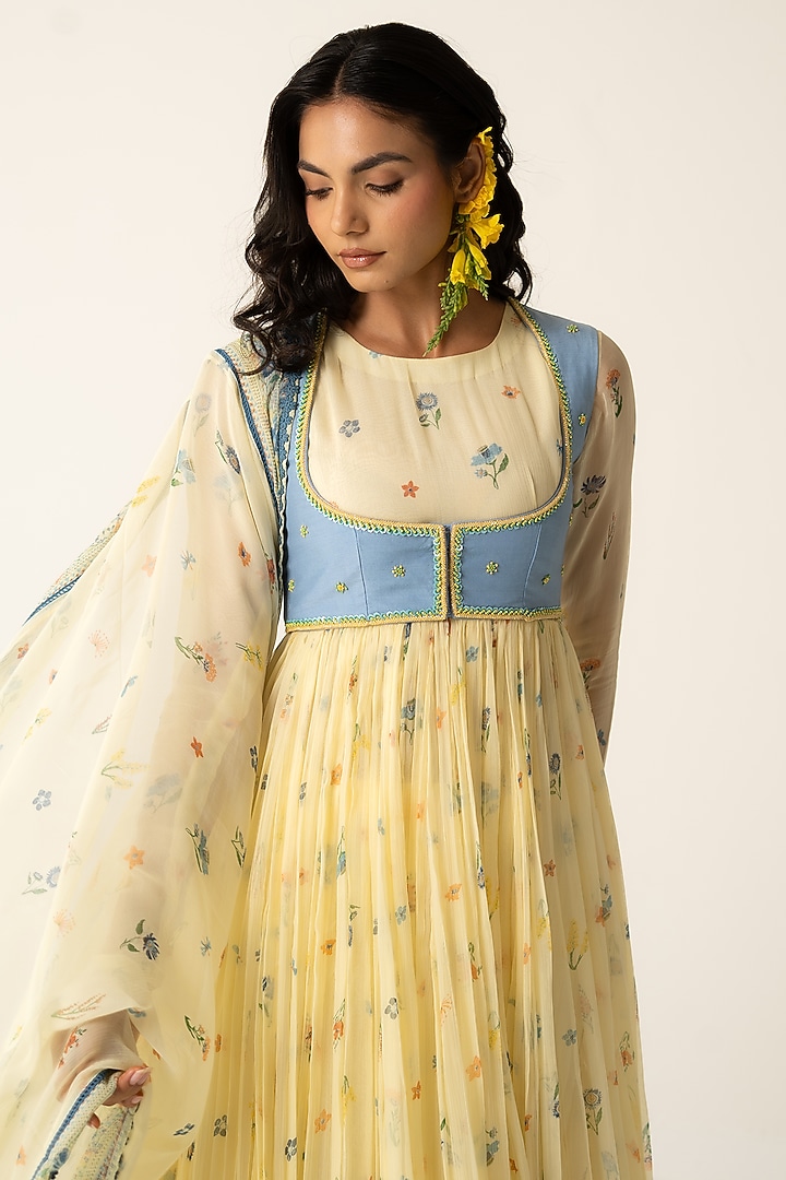 Yellow Chiffon Floral Printed Koti Party Wear Anarkali Set by Baise Gaba at Pernia's Pop Up Shop