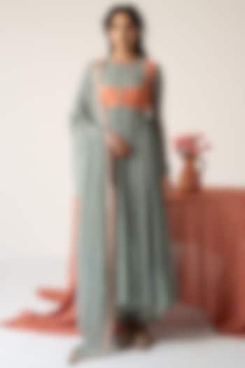 Pastel Green Chiffon Bandhej Motif Koti Party Wear Anarkali Set by Baise Gaba at Pernia's Pop Up Shop