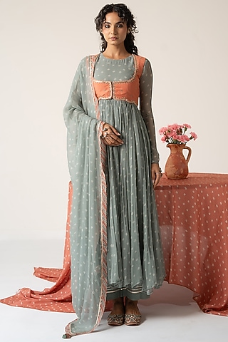 Pastel Green Chiffon Bandhej Motif Koti Anarkali Set by Baise Gaba