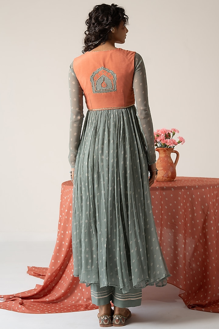 Pastel Green Chiffon Bandhej Motif Koti Party Wear Anarkali Set by Baise Gaba at Pernia's Pop Up Shop