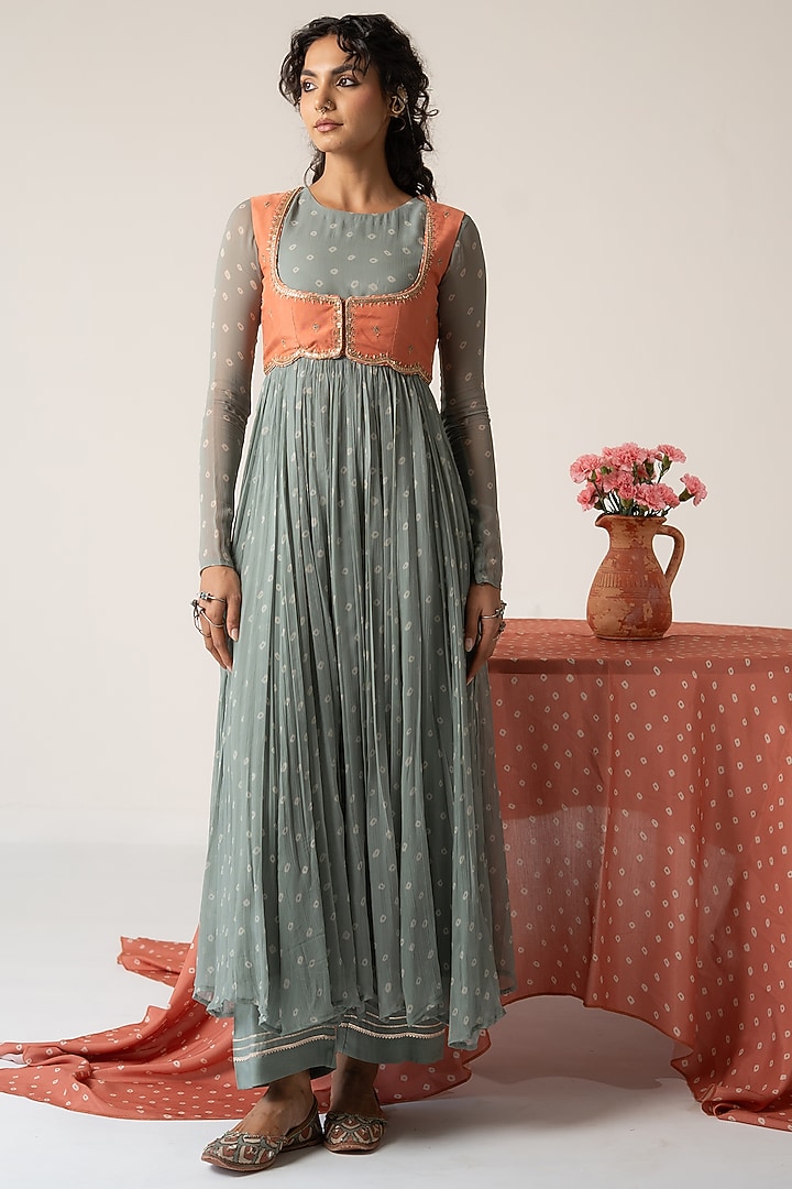 Pastel Green Chiffon Bandhej Motif Koti Party Wear Anarkali Set by Baise Gaba at Pernia's Pop Up Shop