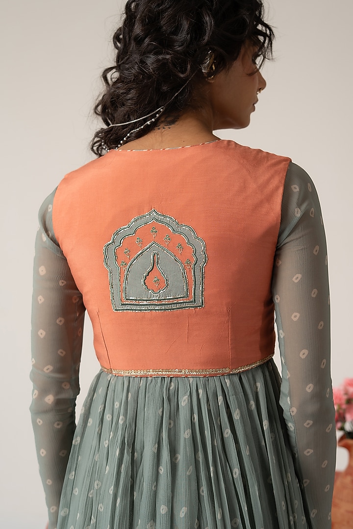 Pastel Green Chiffon Bandhej Motif Koti Party Wear Anarkali Set by Baise Gaba at Pernia's Pop Up Shop