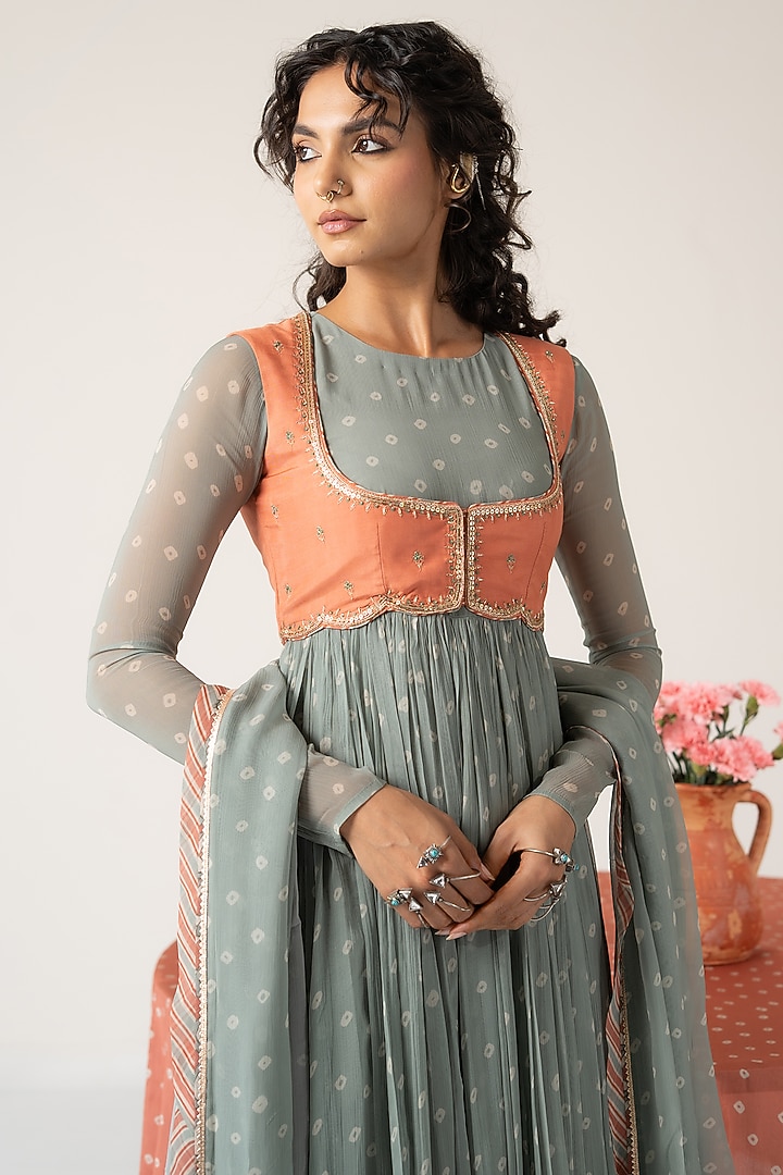 Pastel Green Chiffon Bandhej Motif Koti Party Wear Anarkali Set by Baise Gaba at Pernia's Pop Up Shop