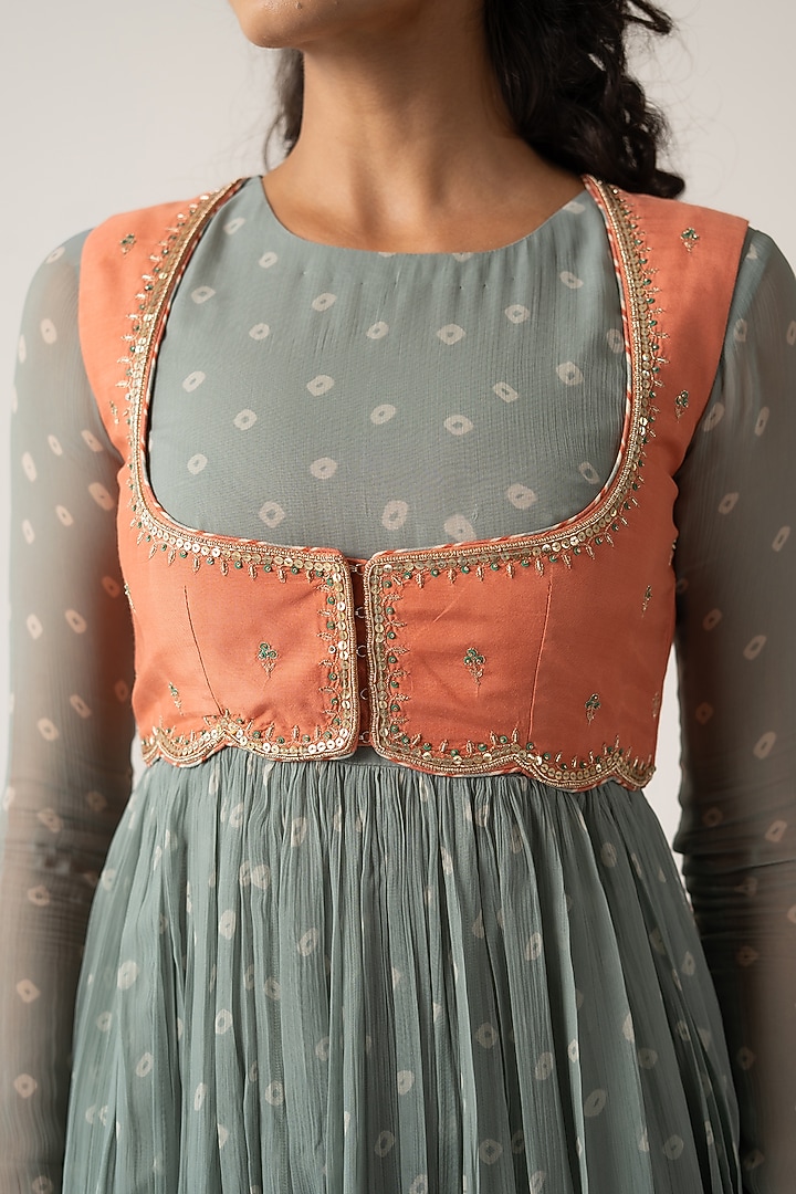 Pastel Green Chiffon Bandhej Motif Koti Party Wear Anarkali Set by Baise Gaba at Pernia's Pop Up Shop