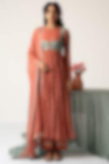 Pastel Orange Chiffon Bandhej Motif Koti Party Wear Anarkali Set by Baise Gaba at Pernia's Pop Up Shop