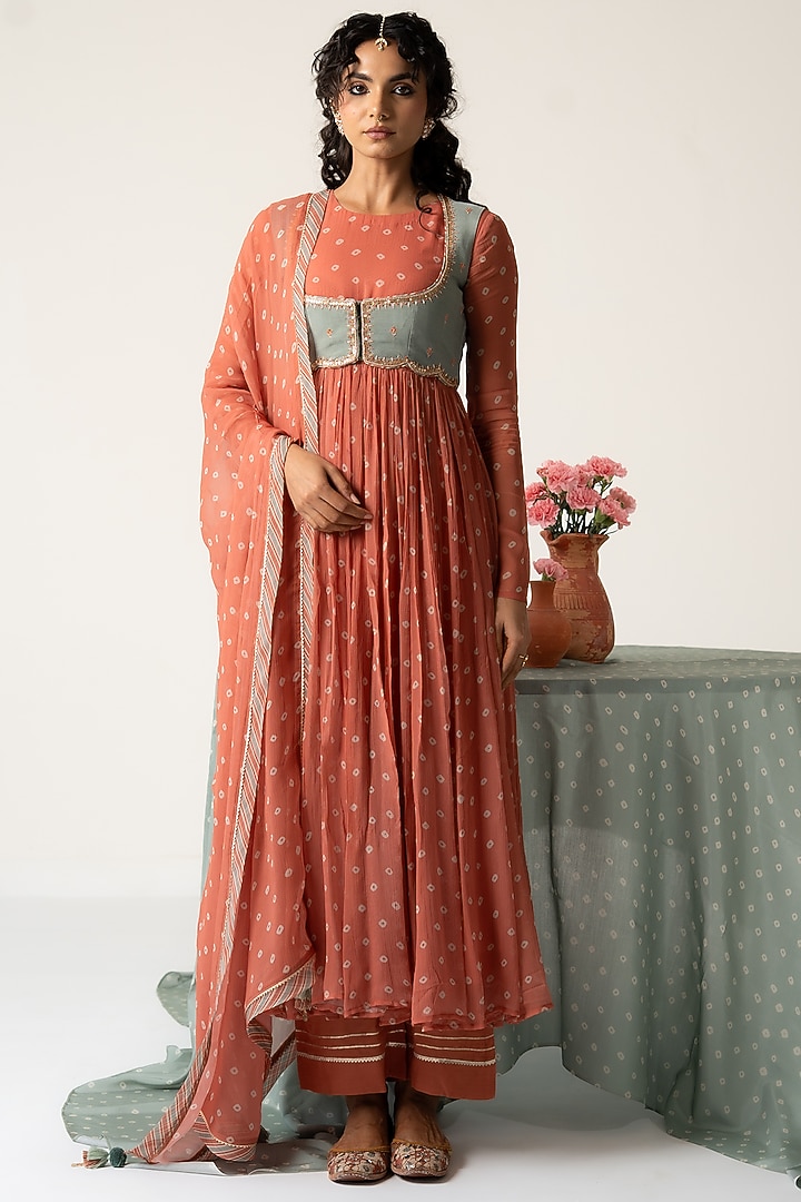 Pastel Orange Chiffon Bandhej Motif Koti Party Wear Anarkali Set by Baise Gaba at Pernia's Pop Up Shop