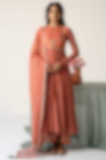 Pastel Orange Chiffon Bandhej Motif Koti Party Wear Anarkali Set by Baise Gaba at Pernia's Pop Up Shop