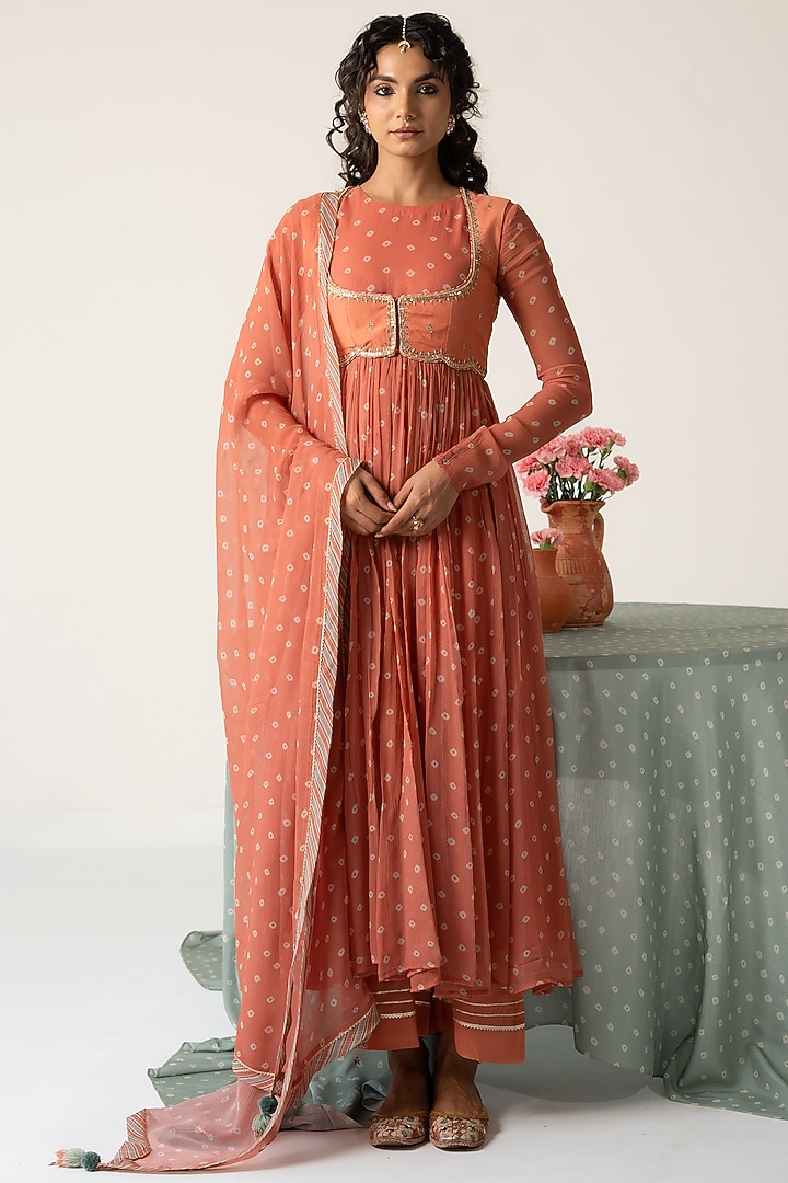 Pastel Orange Chiffon Bandhej Motif Koti Party Wear Anarkali Set by Baise Gaba at Pernia's Pop Up Shop