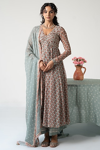 Multi-Colored Chiffon Printed Anarkali Set by Baise Gaba