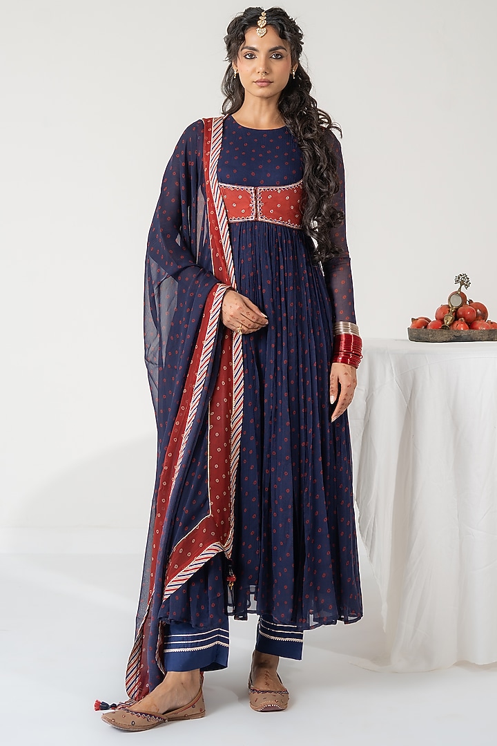 Blue Chiffon Bandhani Printed Koti Party Wear Anarkali Set by Baise Gaba at Pernia's Pop Up Shop